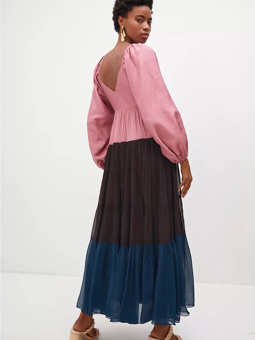 Anthropologie Nirmooha Puff-Sleeved Colorblocked Maxi Dress medium tiered FLAWED - Picture 3 of 16